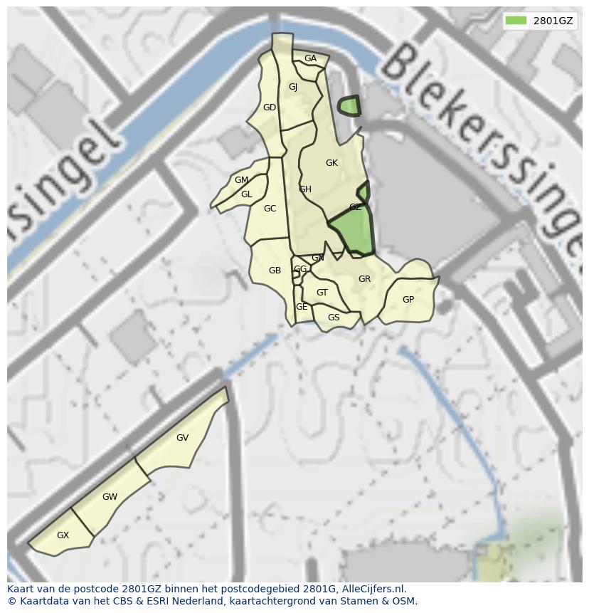 Afbeelding van het postcodegebied 2801 GZ op de kaart.