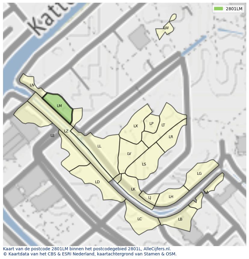 Afbeelding van het postcodegebied 2801 LM op de kaart.