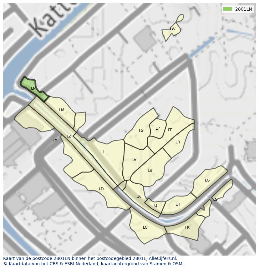 Afbeelding van het postcodegebied 2801 LN op de kaart.
