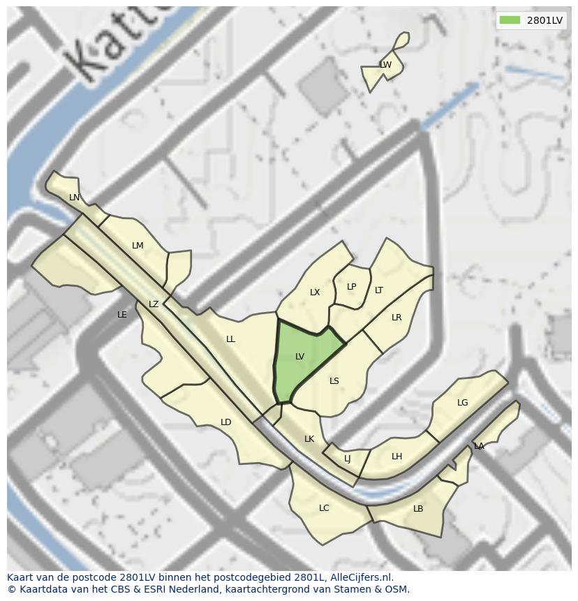 Afbeelding van het postcodegebied 2801 LV op de kaart.