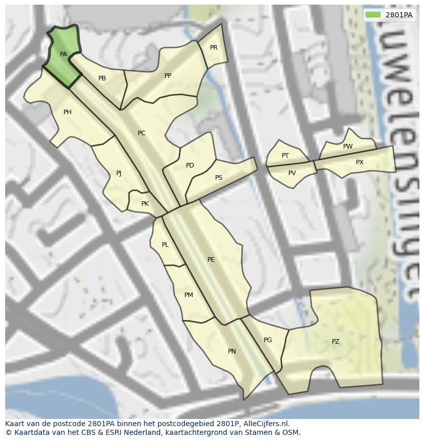 Afbeelding van het postcodegebied 2801 PA op de kaart.
