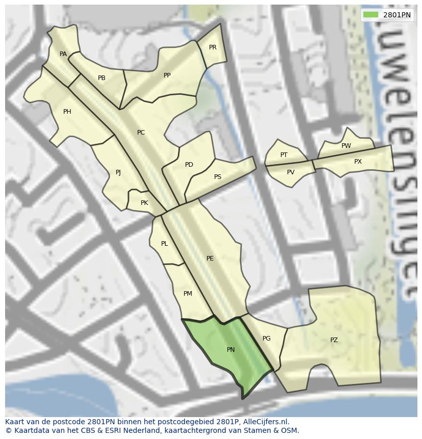 Afbeelding van het postcodegebied 2801 PN op de kaart.