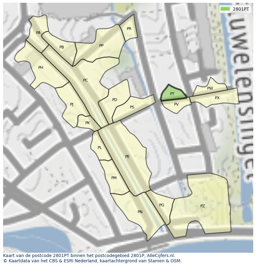 Afbeelding van het postcodegebied 2801 PT op de kaart.