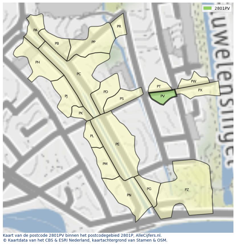 Afbeelding van het postcodegebied 2801 PV op de kaart.