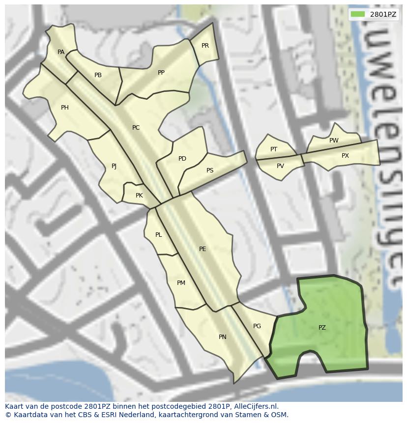 Afbeelding van het postcodegebied 2801 PZ op de kaart.