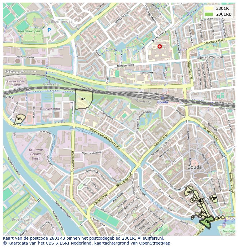 Afbeelding van het postcodegebied 2801 RB op de kaart.