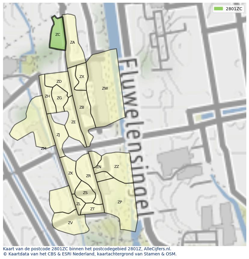 Afbeelding van het postcodegebied 2801 ZC op de kaart.