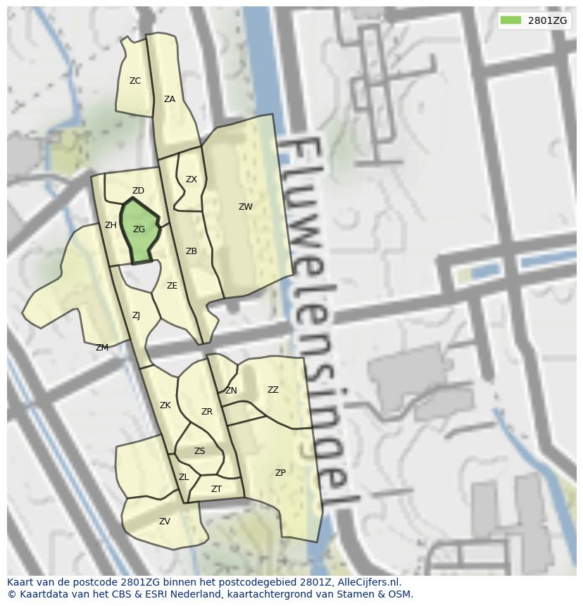 Afbeelding van het postcodegebied 2801 ZG op de kaart.