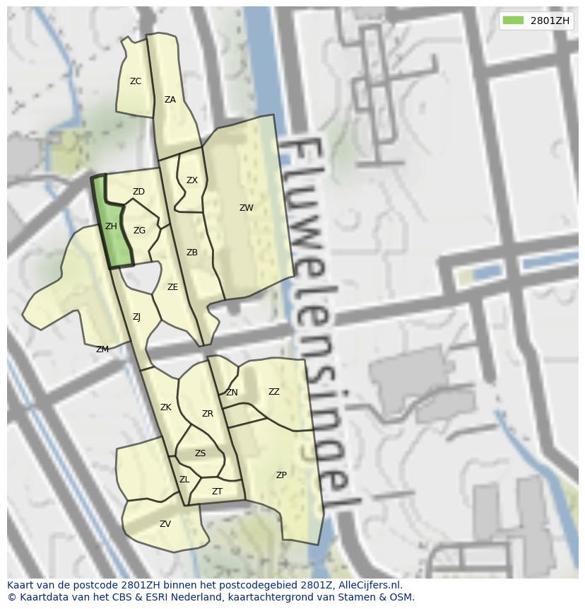 Afbeelding van het postcodegebied 2801 ZH op de kaart.