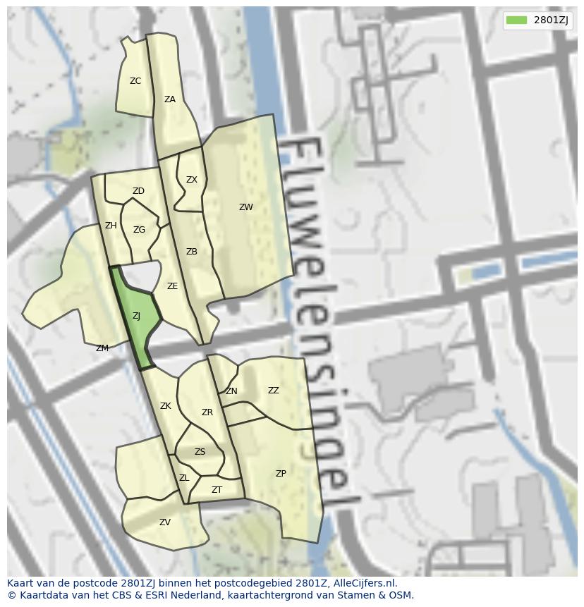 Afbeelding van het postcodegebied 2801 ZJ op de kaart.