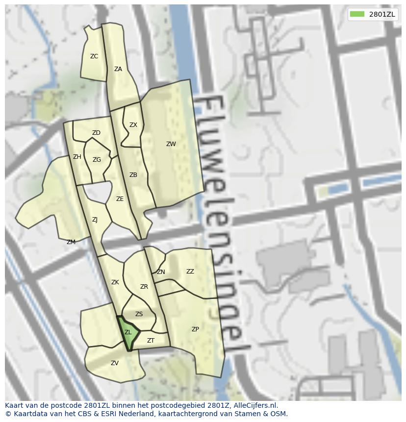 Afbeelding van het postcodegebied 2801 ZL op de kaart.