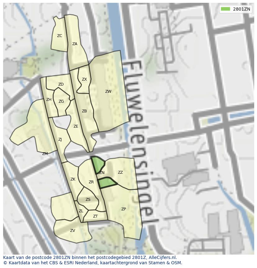 Afbeelding van het postcodegebied 2801 ZN op de kaart.