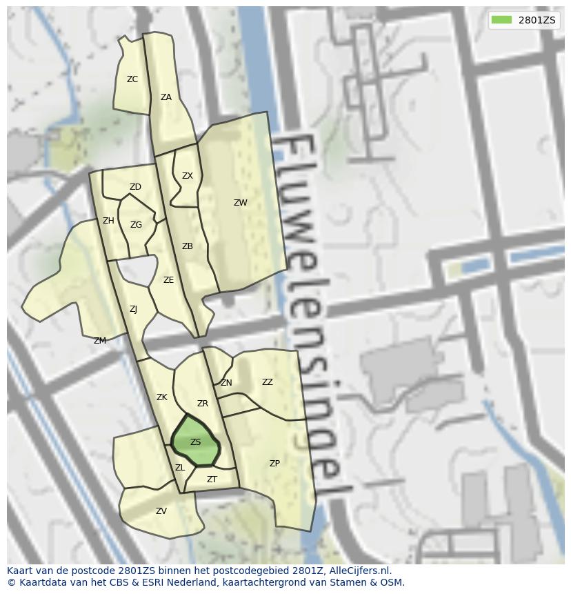 Afbeelding van het postcodegebied 2801 ZS op de kaart.