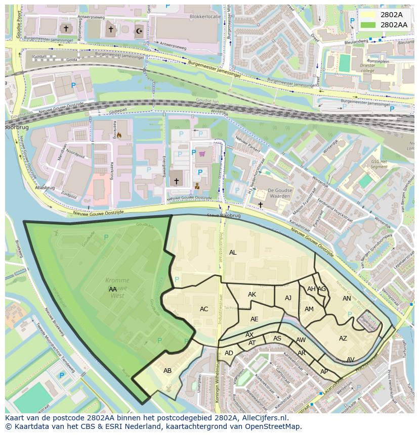 Afbeelding van het postcodegebied 2802 AA op de kaart.