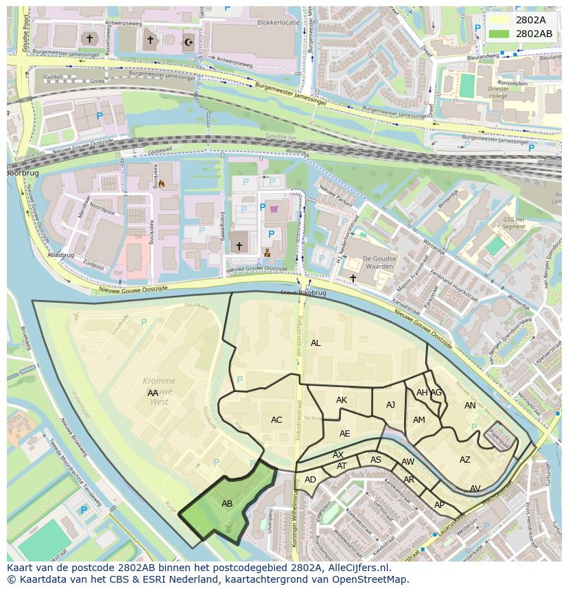 Afbeelding van het postcodegebied 2802 AB op de kaart.