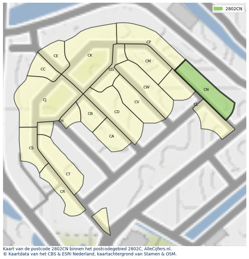 Afbeelding van het postcodegebied 2802 CN op de kaart.