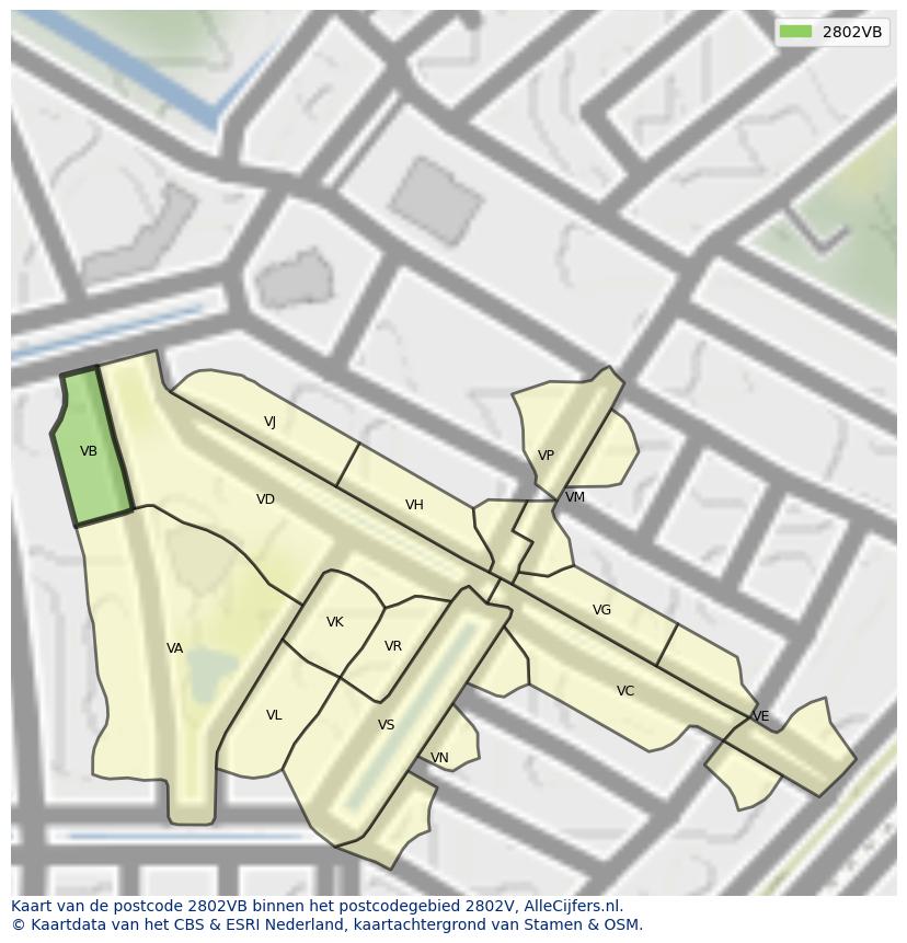 Afbeelding van het postcodegebied 2802 VB op de kaart.