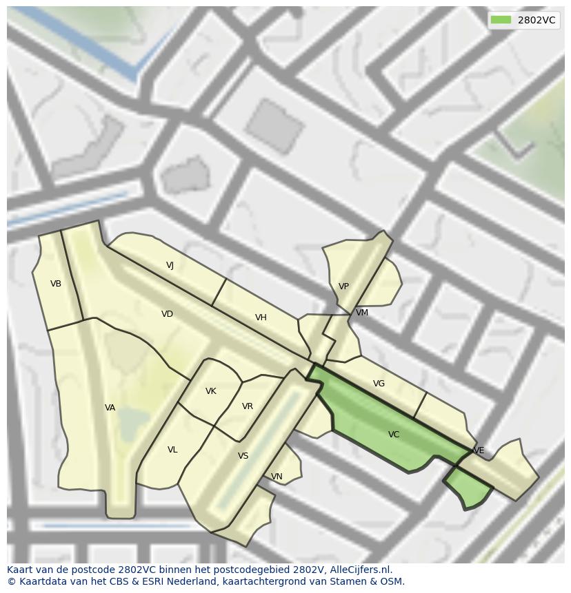 Afbeelding van het postcodegebied 2802 VC op de kaart.