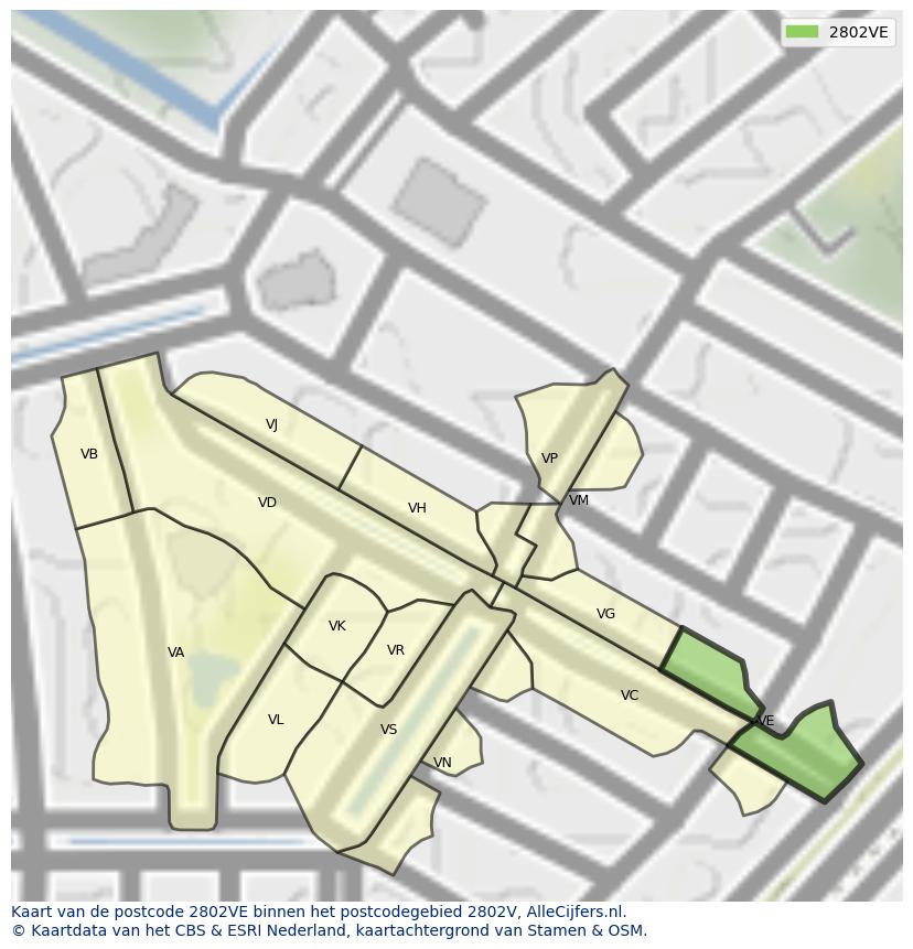 Afbeelding van het postcodegebied 2802 VE op de kaart.