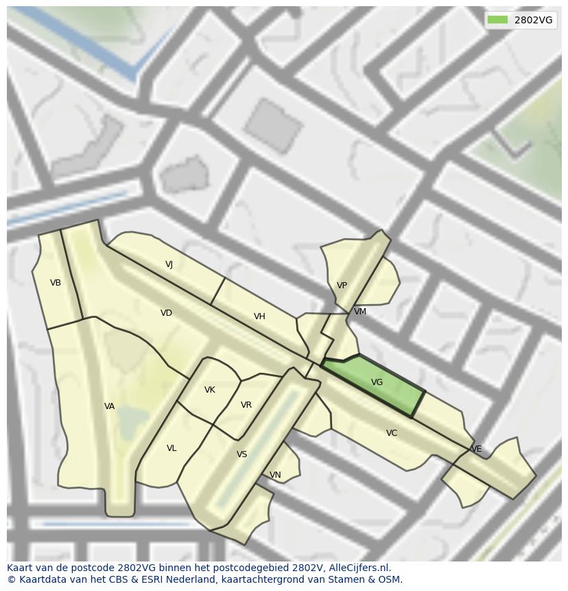Afbeelding van het postcodegebied 2802 VG op de kaart.
