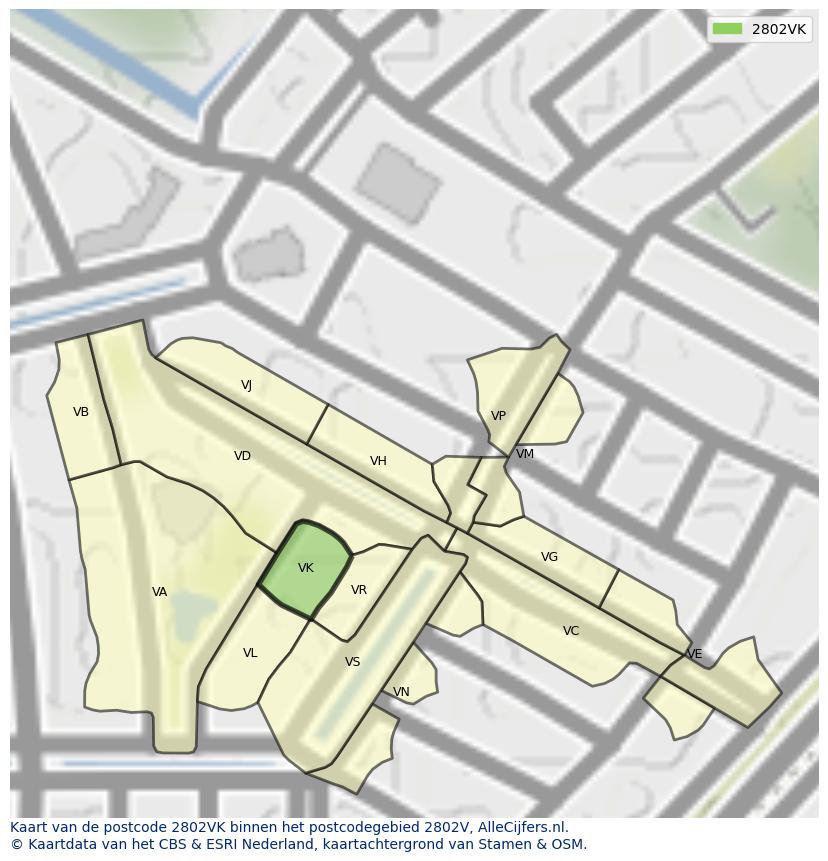 Afbeelding van het postcodegebied 2802 VK op de kaart.