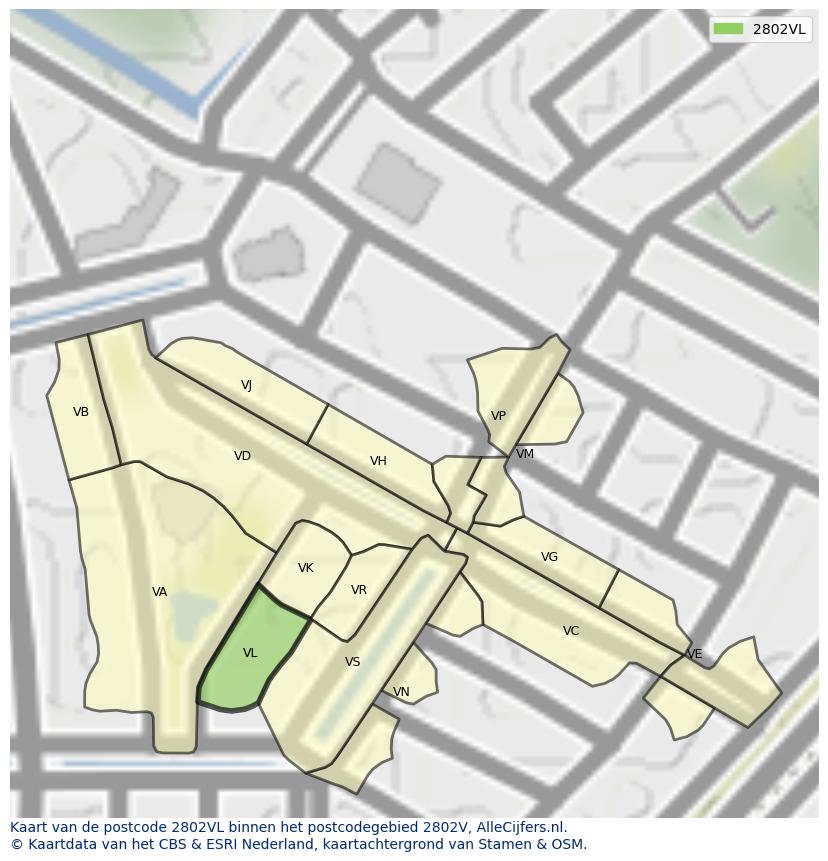 Afbeelding van het postcodegebied 2802 VL op de kaart.