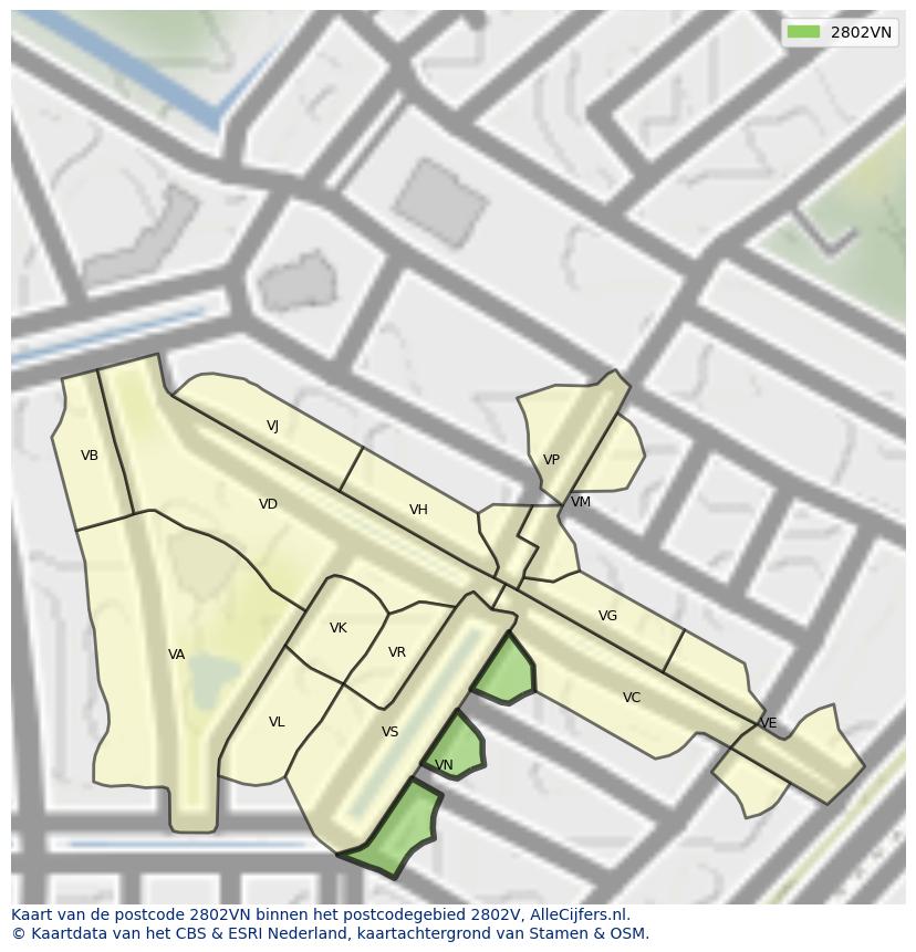Afbeelding van het postcodegebied 2802 VN op de kaart.