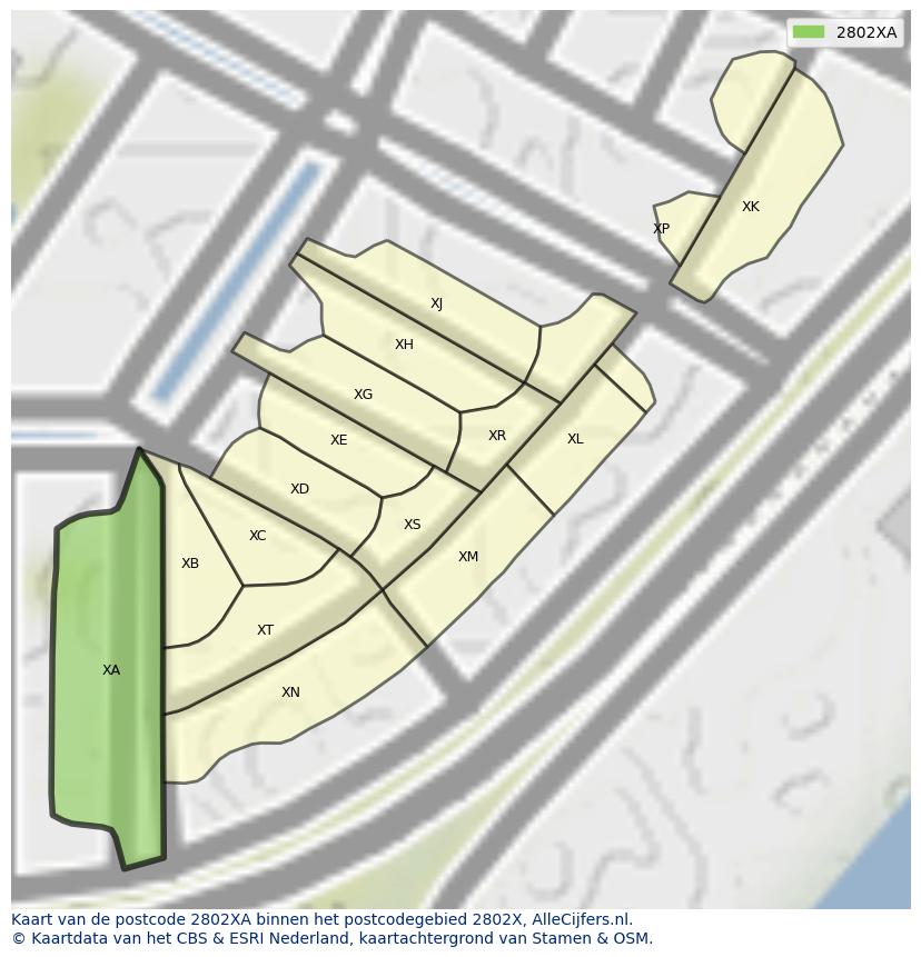 Afbeelding van het postcodegebied 2802 XA op de kaart.