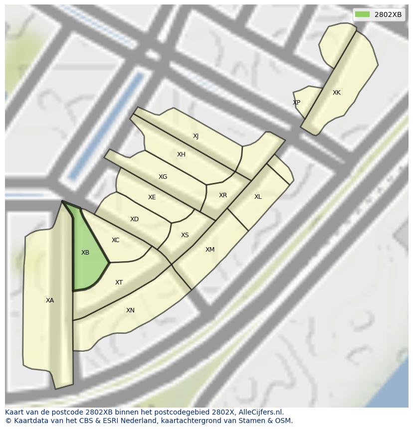 Afbeelding van het postcodegebied 2802 XB op de kaart.