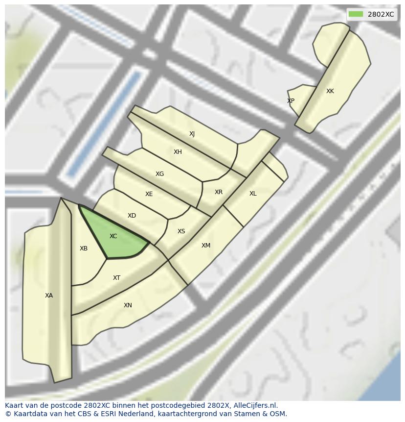 Afbeelding van het postcodegebied 2802 XC op de kaart.