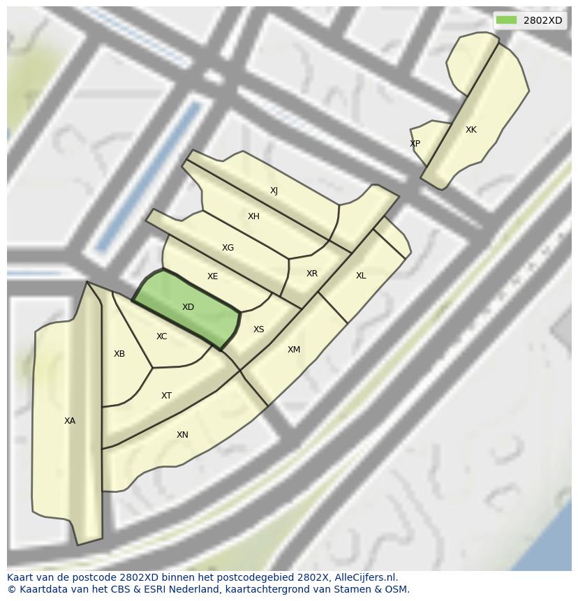 Afbeelding van het postcodegebied 2802 XD op de kaart.