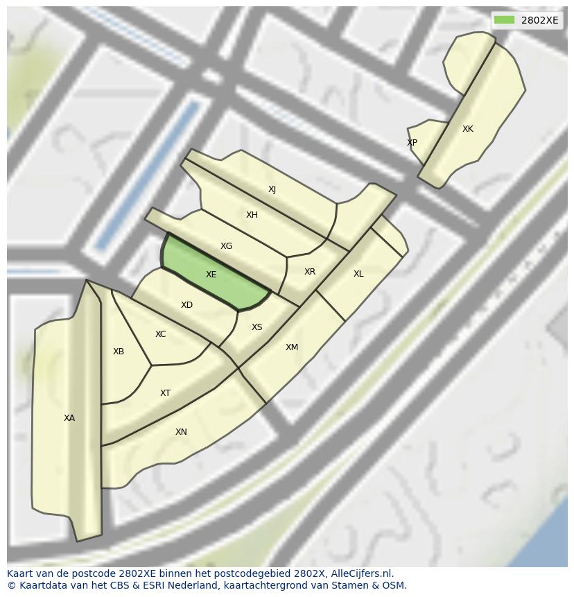 Afbeelding van het postcodegebied 2802 XE op de kaart.