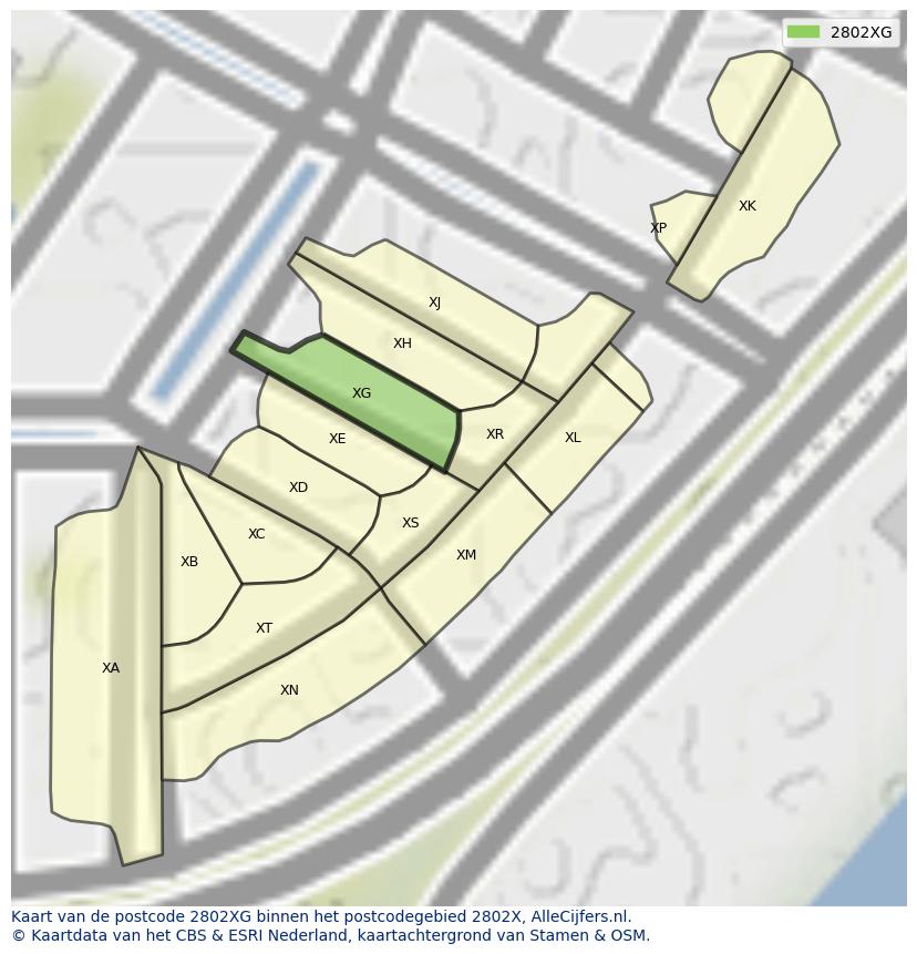 Afbeelding van het postcodegebied 2802 XG op de kaart.