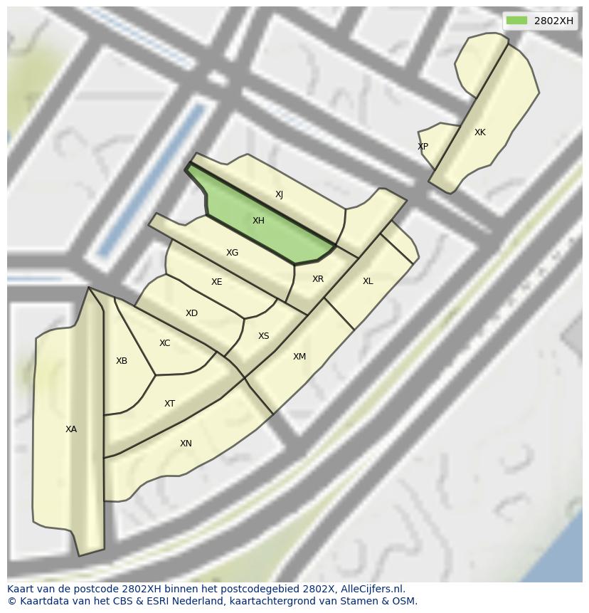 Afbeelding van het postcodegebied 2802 XH op de kaart.