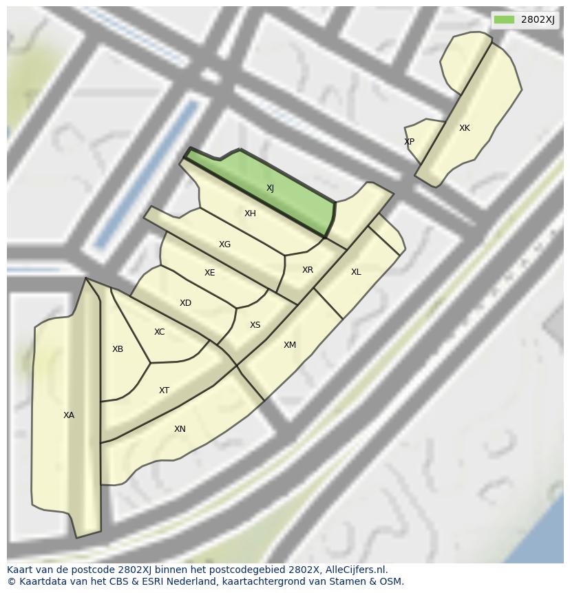 Afbeelding van het postcodegebied 2802 XJ op de kaart.