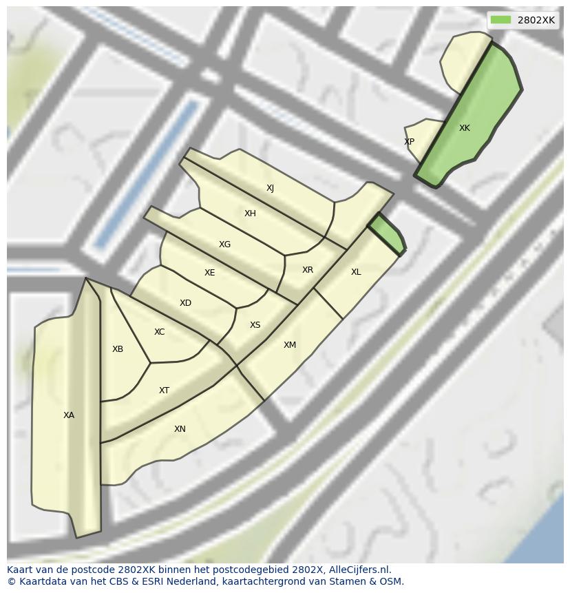 Afbeelding van het postcodegebied 2802 XK op de kaart.