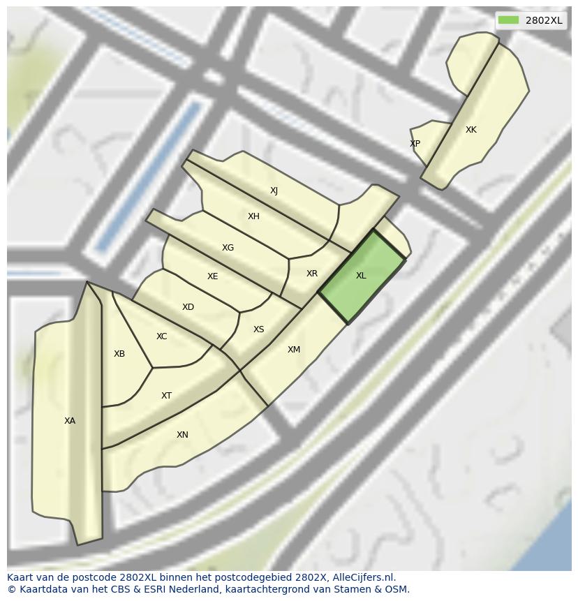 Afbeelding van het postcodegebied 2802 XL op de kaart.