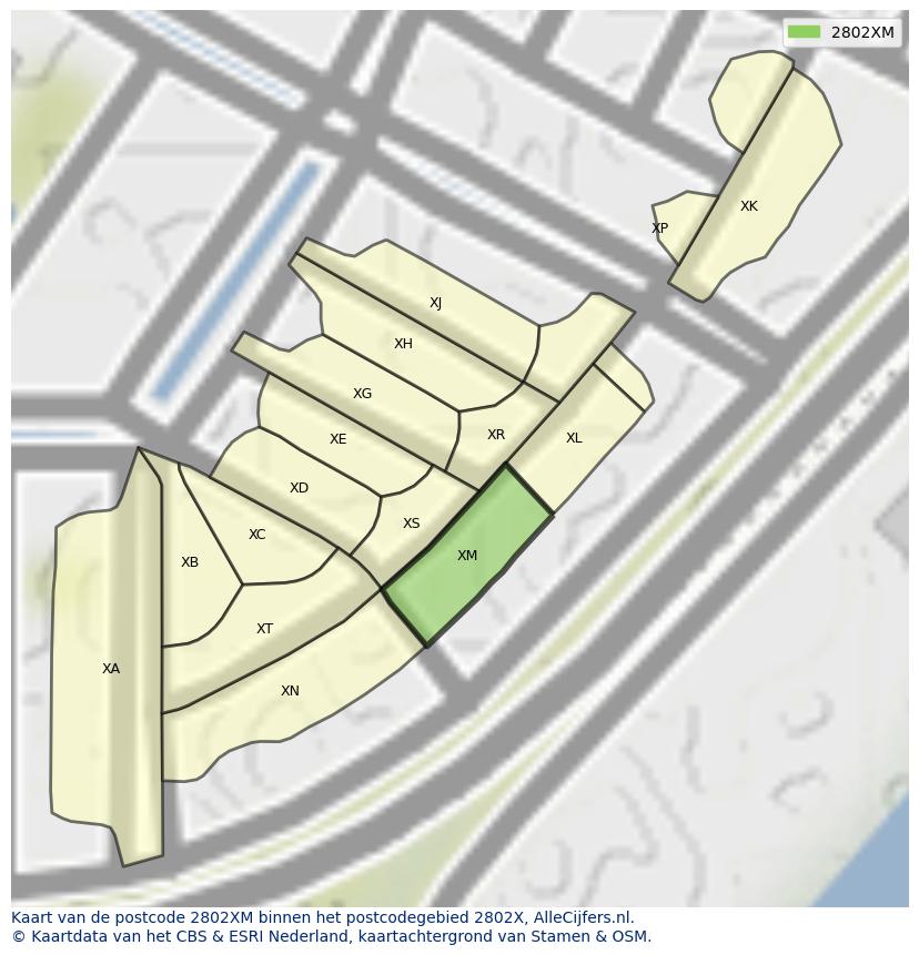 Afbeelding van het postcodegebied 2802 XM op de kaart.