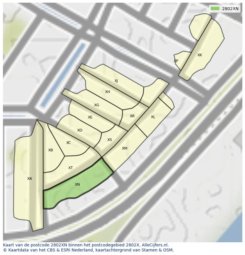 Afbeelding van het postcodegebied 2802 XN op de kaart.