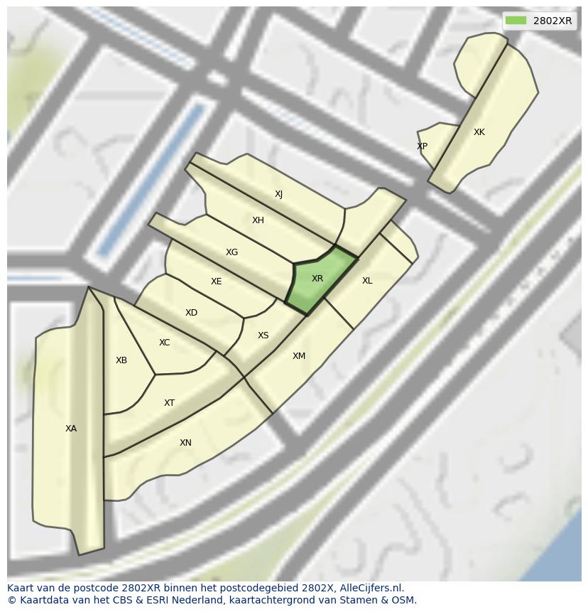 Afbeelding van het postcodegebied 2802 XR op de kaart.