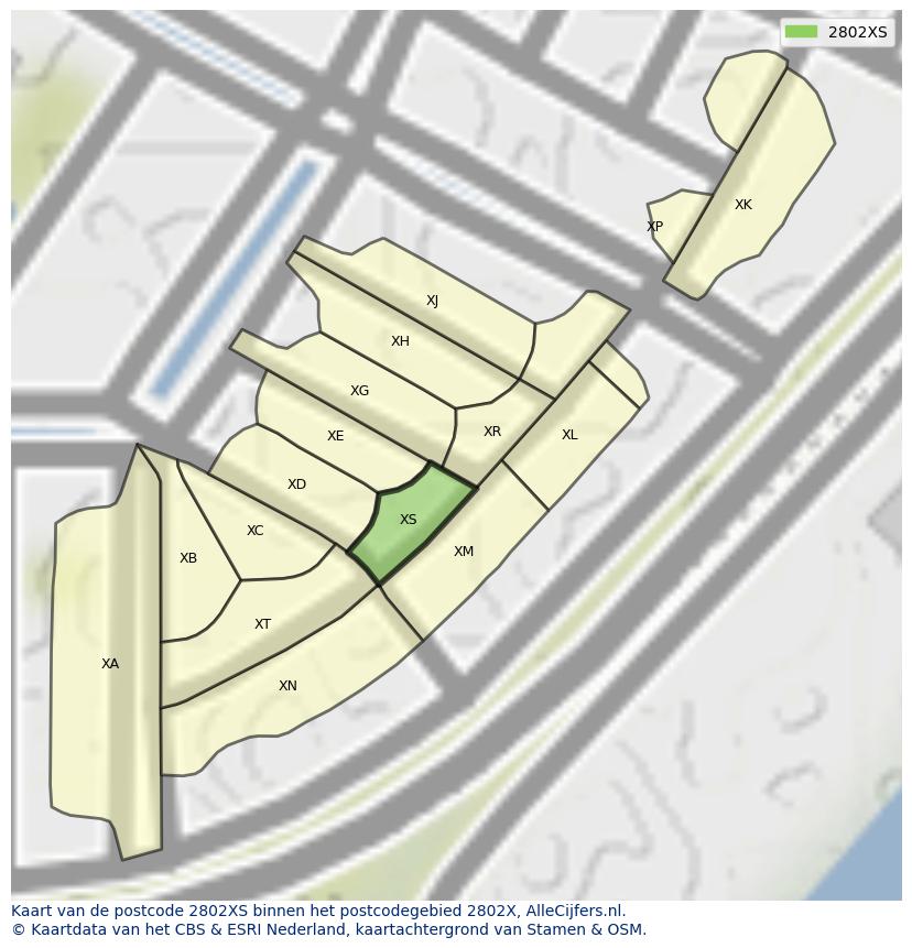 Afbeelding van het postcodegebied 2802 XS op de kaart.