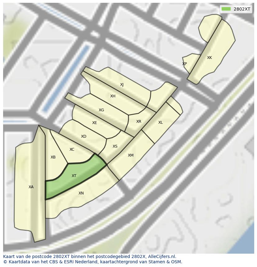 Afbeelding van het postcodegebied 2802 XT op de kaart.