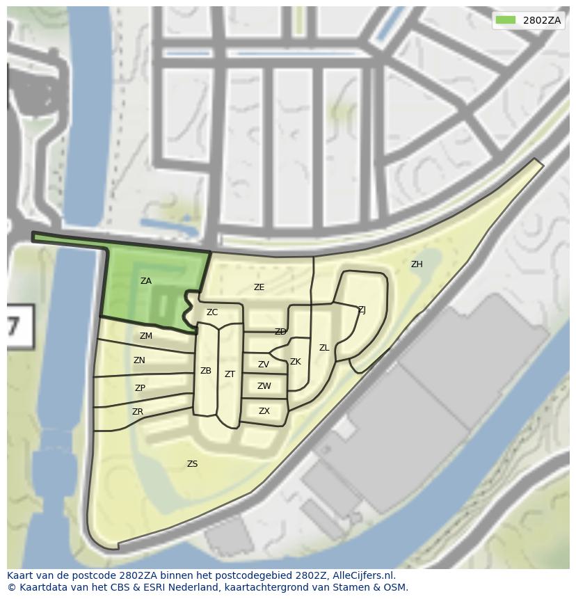 Afbeelding van het postcodegebied 2802 ZA op de kaart.
