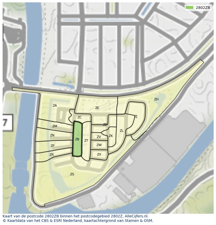 Afbeelding van het postcodegebied 2802 ZB op de kaart.
