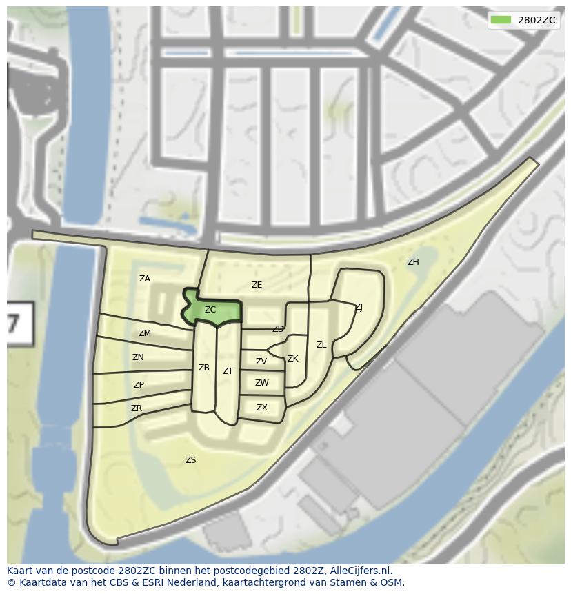 Afbeelding van het postcodegebied 2802 ZC op de kaart.