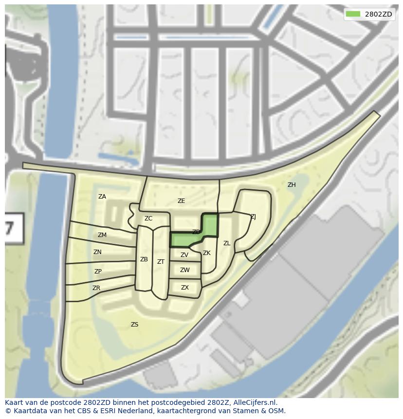 Afbeelding van het postcodegebied 2802 ZD op de kaart.