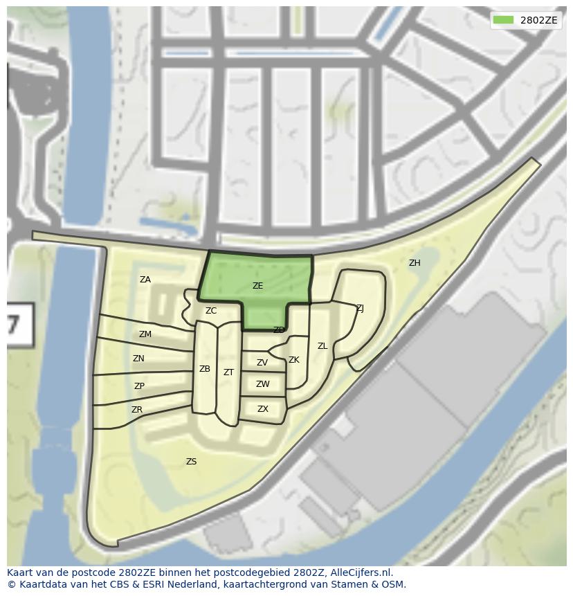 Afbeelding van het postcodegebied 2802 ZE op de kaart.