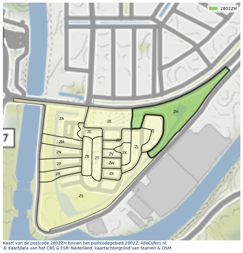 Afbeelding van het postcodegebied 2802 ZH op de kaart.