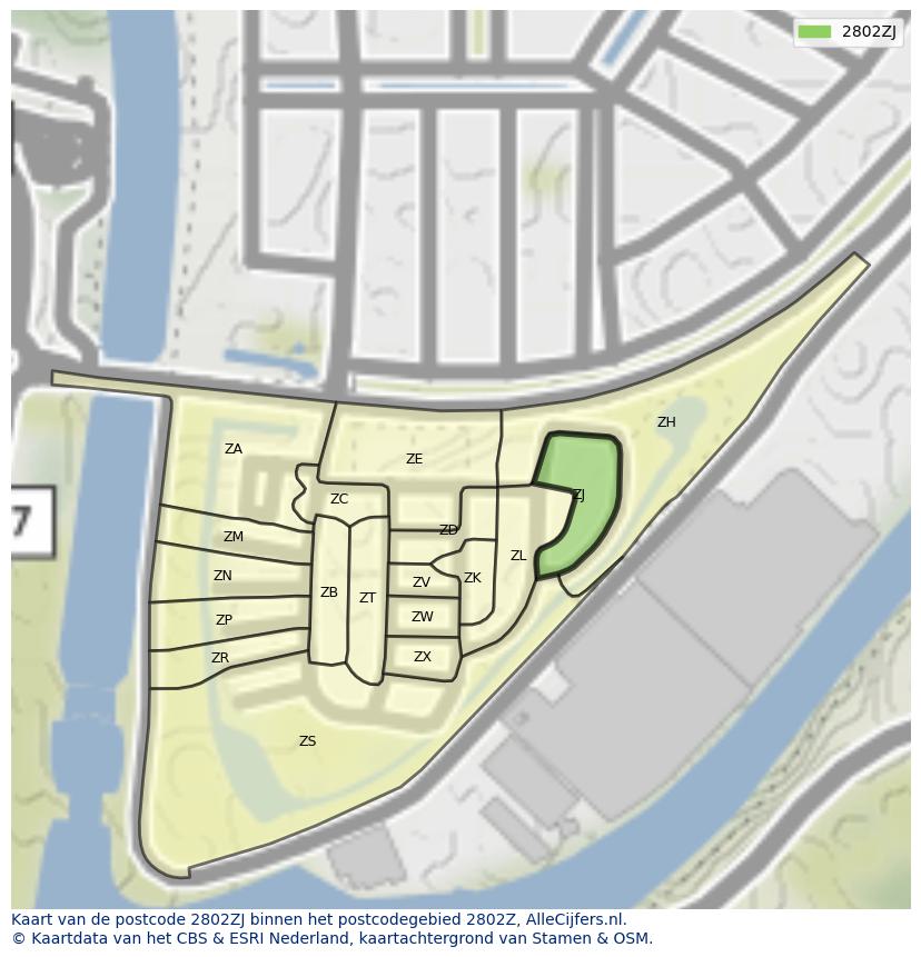Afbeelding van het postcodegebied 2802 ZJ op de kaart.