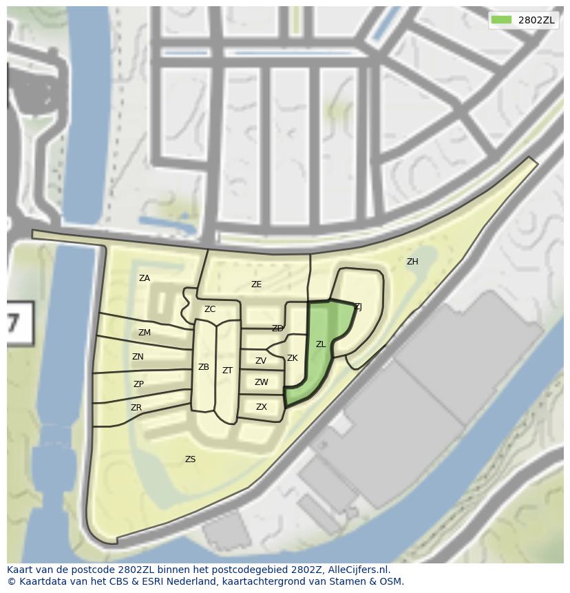 Afbeelding van het postcodegebied 2802 ZL op de kaart.